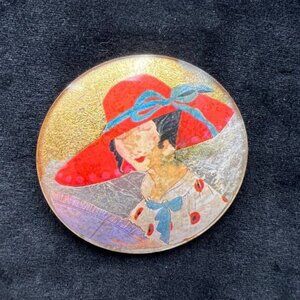 RARE Vintage Leona Fein Hand-Painted Brooch with Lady in Red Hat